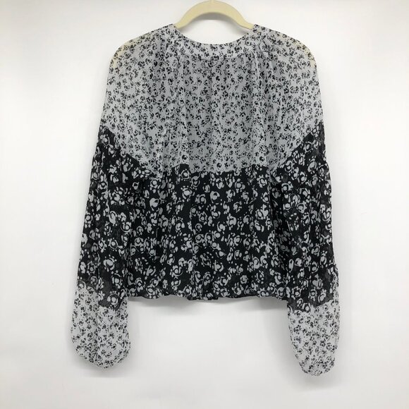 Joie Floral Print Caillie long sleeve Top Black White balloon sleeve Blouse M - Picture 2 of 15